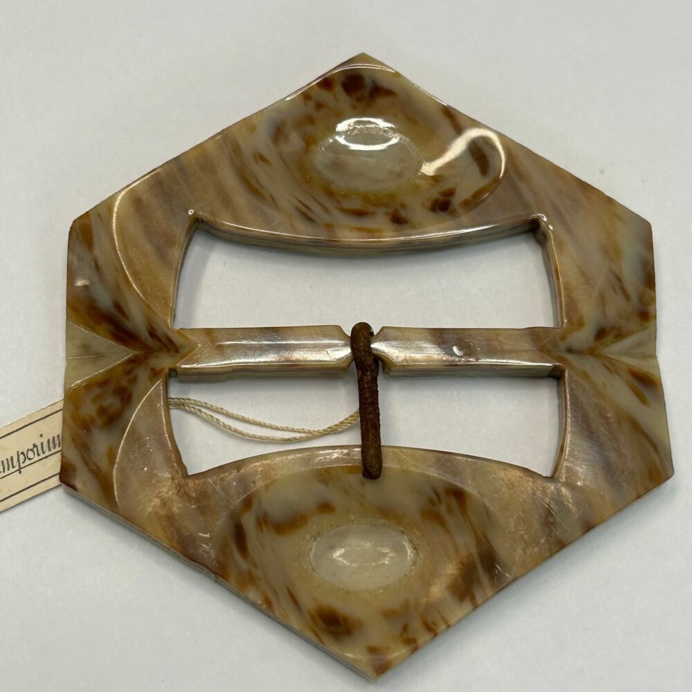 Vintage Layered Celluloid? Hexagon Shaped Belt Buckle Tag Attached